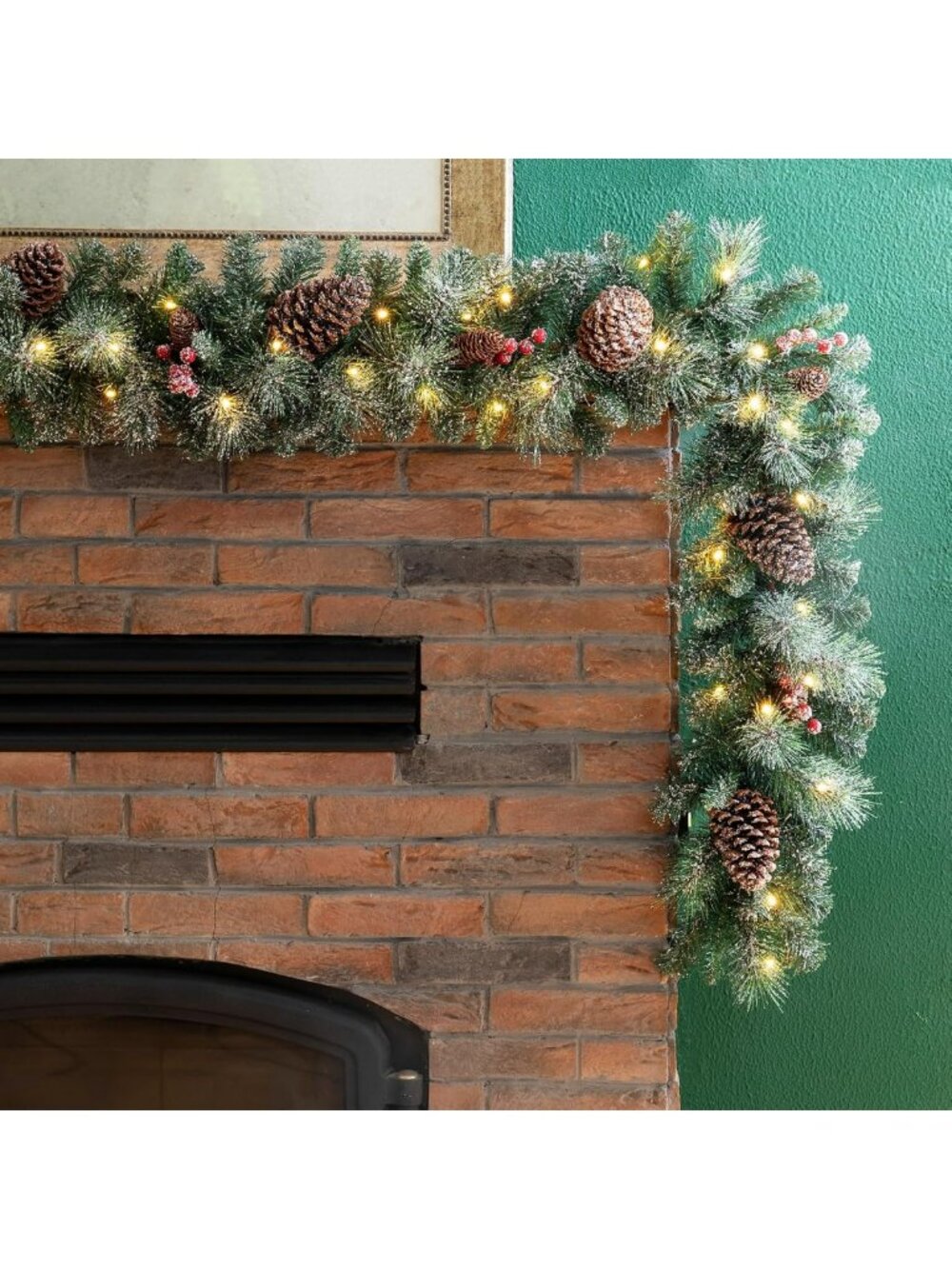 9ft Prelit Christmas Garland - Glitter Greenery with Pine Cones & Berries, Timer